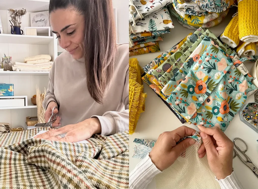 Dettagli del lavoro artigianale di Silvana, Aprilcot fatto a mano: taglio, cucito e tessuti colorati per prodotti sostenibili fatti a mano.