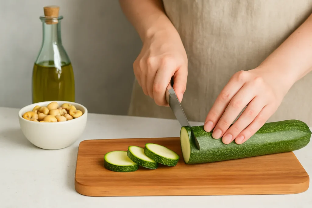 Preparazione delle linguine vegane: donna che taglia una zucchina