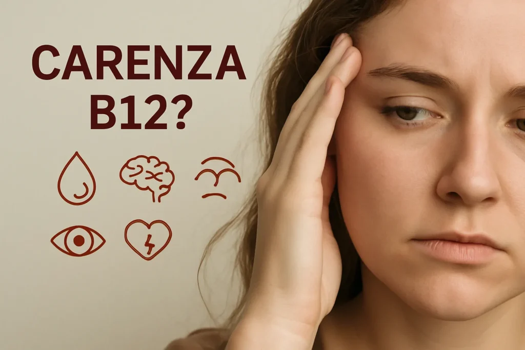 Immagine realistica di una donna con espressione stanca e pensierosa accanto a scritta “Carenza B12?” e icone che rappresentano i sintomi più comuni della carenza di vitamina B12.
