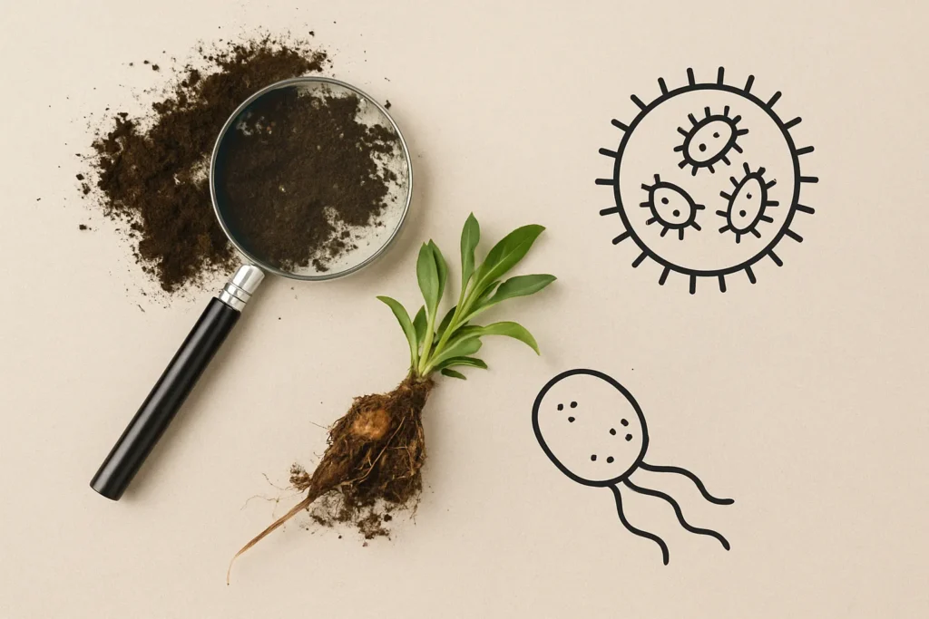 Immagine concettuale della vitamina B12 con lente d’ingrandimento su terreno, radice con terra e illustrazione di batteri per rappresentare l'origine batterica della vitamina.