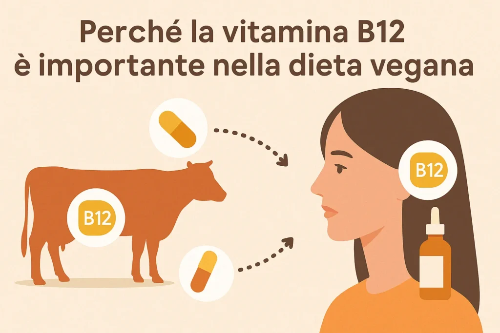 Illustrazione educativa che mostra una donna vegana che assume vitamina B12 direttamente, a confronto con l'assunzione indiretta attraverso un animale supplementato.