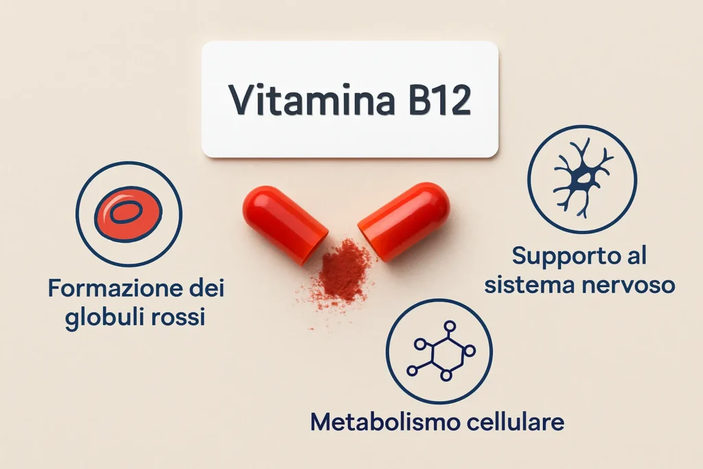 Infografica con capsula aperta di vitamina B12 e icone illustrative che rappresentano le sue funzioni principali: formazione dei globuli rossi, supporto al sistema nervoso e metabolismo cellulare.