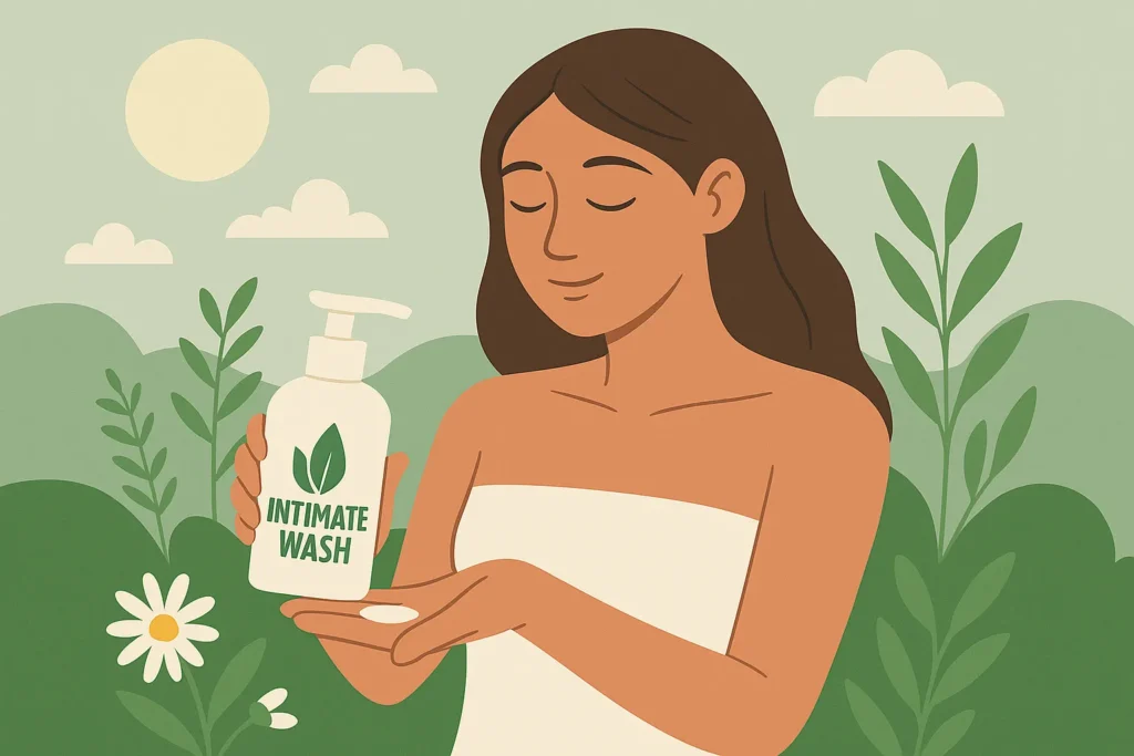 Illustrazione di donna con detergente intimo vegan immersa nella natura, simbolo di purezza e benessere