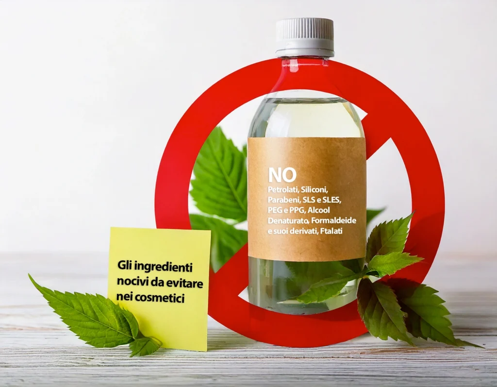 Bottiglia di cosmetico con etichetta che indica ingredienti nocivi da evitare (Petrolati, Siliconi, Parabeni, SLS, PEG, Alcool Denaturato, Formaldeide, Ftalati), posizionata dietro un segnale di divieto rosso. Accanto, un post-it giallo con la scritta “Gli ingredienti nocivi da evitare nei cosmetici” e foglie verdi su sfondo chiaro.