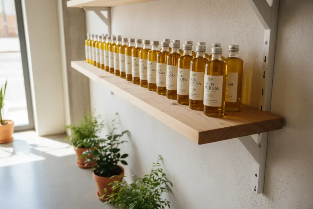 Vari flaconi di olio di jojoba esposti su una mensola di legno in un negozio di prodotti naturali e bio.
