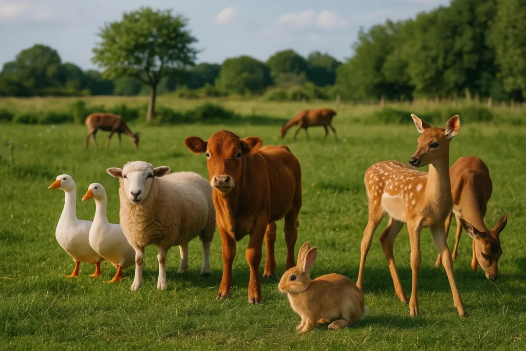 Animali liberi e felici in un prato soleggiato, simbolo di rispetto e vita senza sfruttamento grazie alla scelta di scarpe vegan.