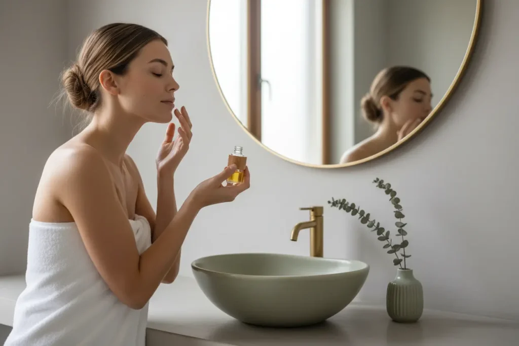 Una ragazza applica delicatamente una goccia di olio di jojoba puro sul viso per idratare e nutrire la pelle del viso.