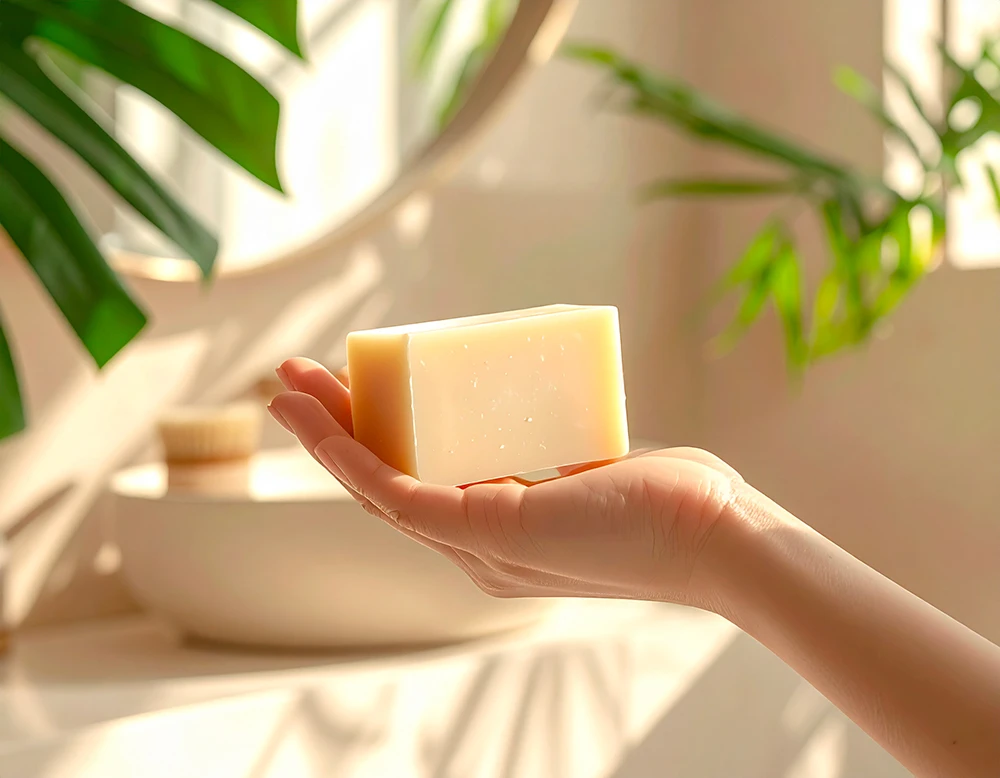 Mano di donna che tiene un sapone solido, simbolo dei cosmetici solidi vegan, in un bagno minimal con pianta verde sullo sfondo.