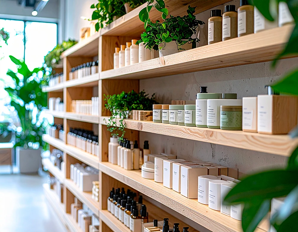 Scaffali in legno di un negozio eco con cosmetici solidi vegan e plastic free, illuminati da luce naturale e decorati con piante verdi.