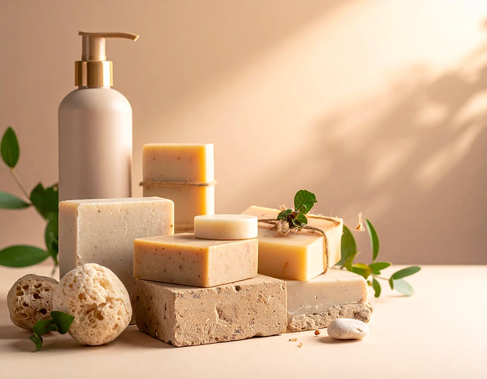 Cosmetici solidi naturali su fondo beige, saponette e shampoo solidi senza plastica, con ingredienti vegetali e luce naturale.