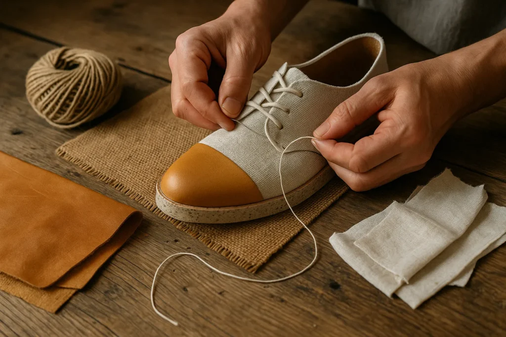 Mani di un artigiano che cuciono una scarpa vegan con materiali naturali come lino, pelle di mela e suola in gomma riciclata, simbolo di produzione etica e consapevole.