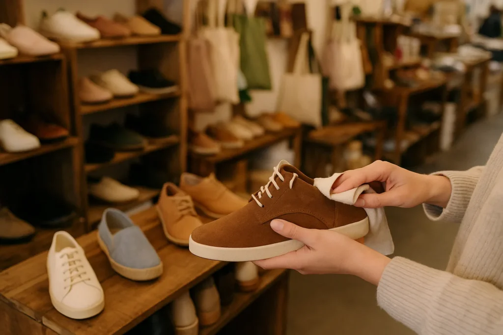 Espositore con scarpe in un negozio o fiera, simbolo della crescente presenza di scarpe vegan nei punti vendita e negli eventi cruelty free.
