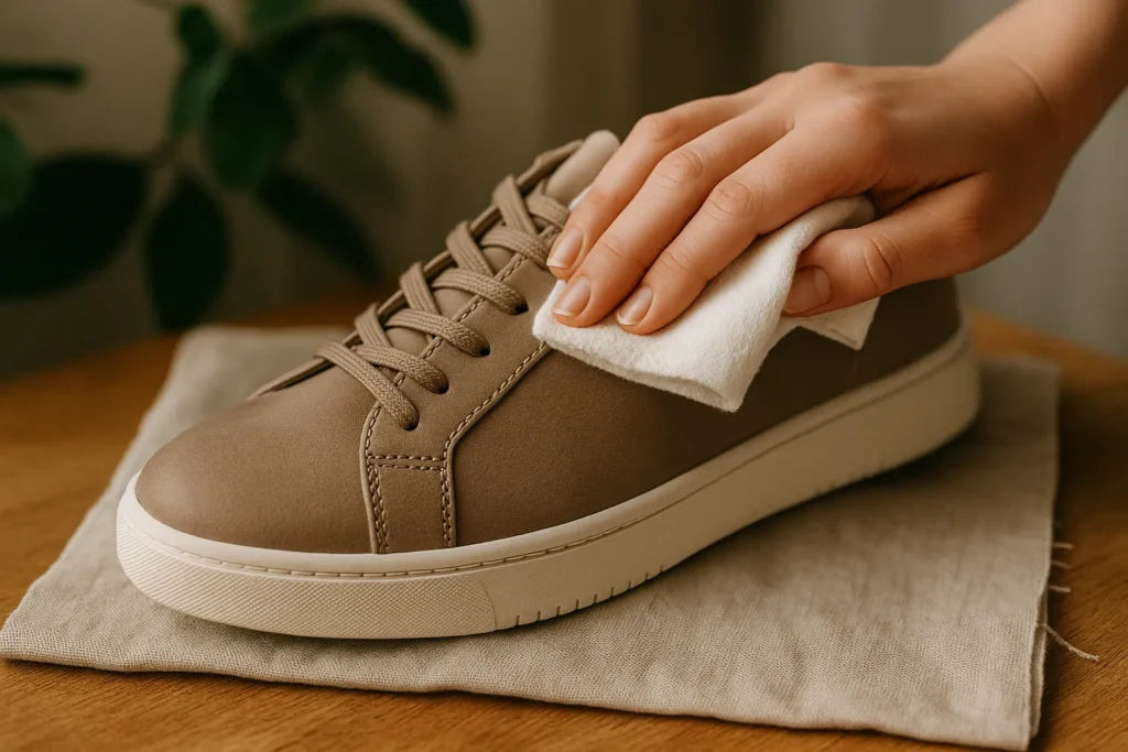 Mano che pulisce delicatamente una scarpa vegan con un panno morbido, simbolo di cura naturale e attenzione ai materiali cruelty free.