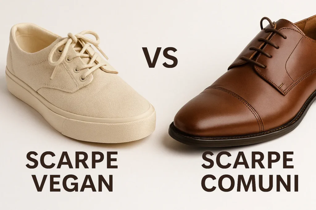 Confronto visivo tra scarpe vegan e scarpe tradizionali: materiali naturali ed ecologici da un lato, pelle e componenti animali dall’altro.