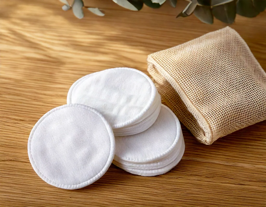 Zero waste in bagno: Dischetti struccanti lavabili in cotone con sacchetto in rete su fondo in legno