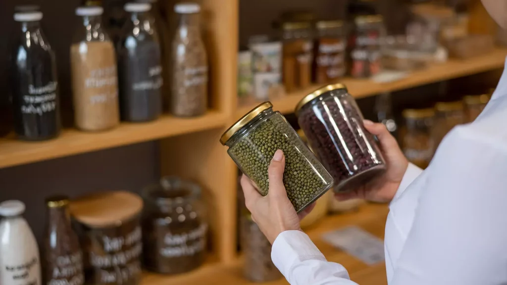 Donna sceglie legumi in barattoli di vetro in un negozio sfuso zero waste