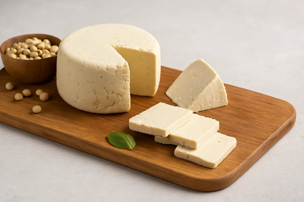 Formaggio vegano a base di soia su tagliere di legno con fette e semi di soia accanto
