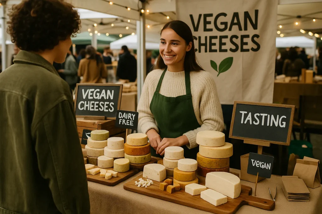 Stand di una fiera vegan con formaggi vegani esposti e cartelli con scritte 'vegan cheeses' e 'tasting'