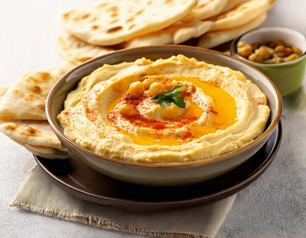 Ciotola di hummus di ceci con pita e focaccia - Piatti veloci e gustosi per ogni occasione