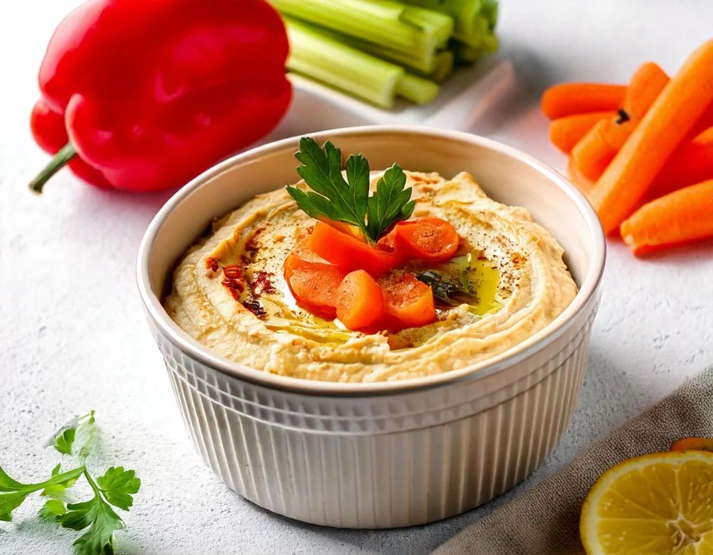 Hummus di ceci servito con carote, sedano e peperoni freschi - Snack salutare e vegano
