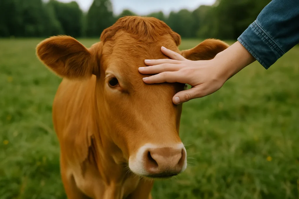 Fotografia realistica di una mano umana che accarezza dolcemente una mucca, simbolo del rispetto e della connessione tra esseri viventi nel veganismo.