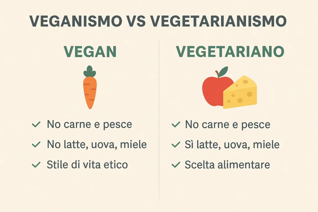 Grafica che mostra le differenze principali tra veganismo e vegetarianismo, con focus su alimentazione, stile di vita e impatto etico. 