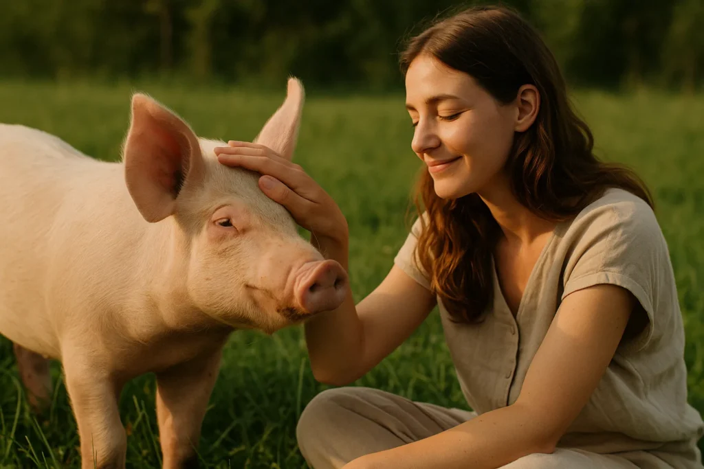 Donna giovane in un dialogo pacifico e rispettoso sul veganismo, seduta all’aperto con espressione serena e coinvolta