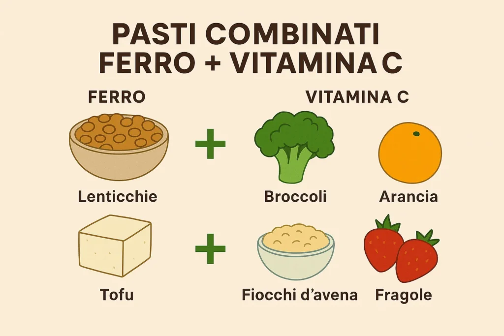 Infografica orizzontale con pasti combinati ricchi di ferro e vitamina C: lenticchie e broccoli, tofu e fiocchi d’avena, arancia e fragole