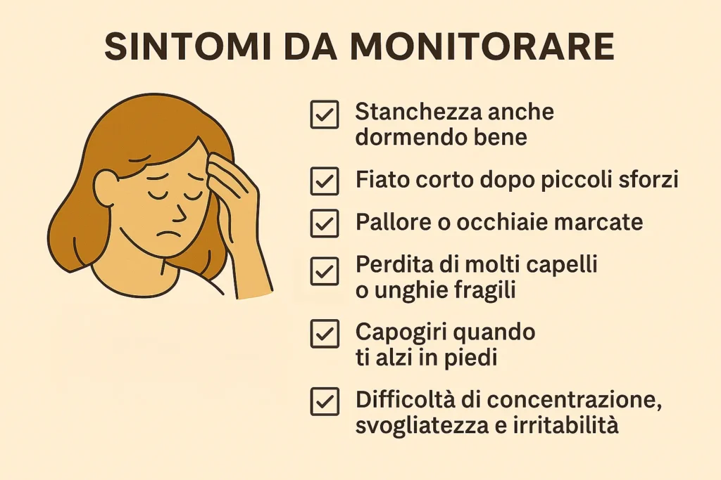 Infografica sintomi da monitorare: stanchezza, fiato corto, pallore, caduta di capelli, capogiri, difficoltà di concentrazione