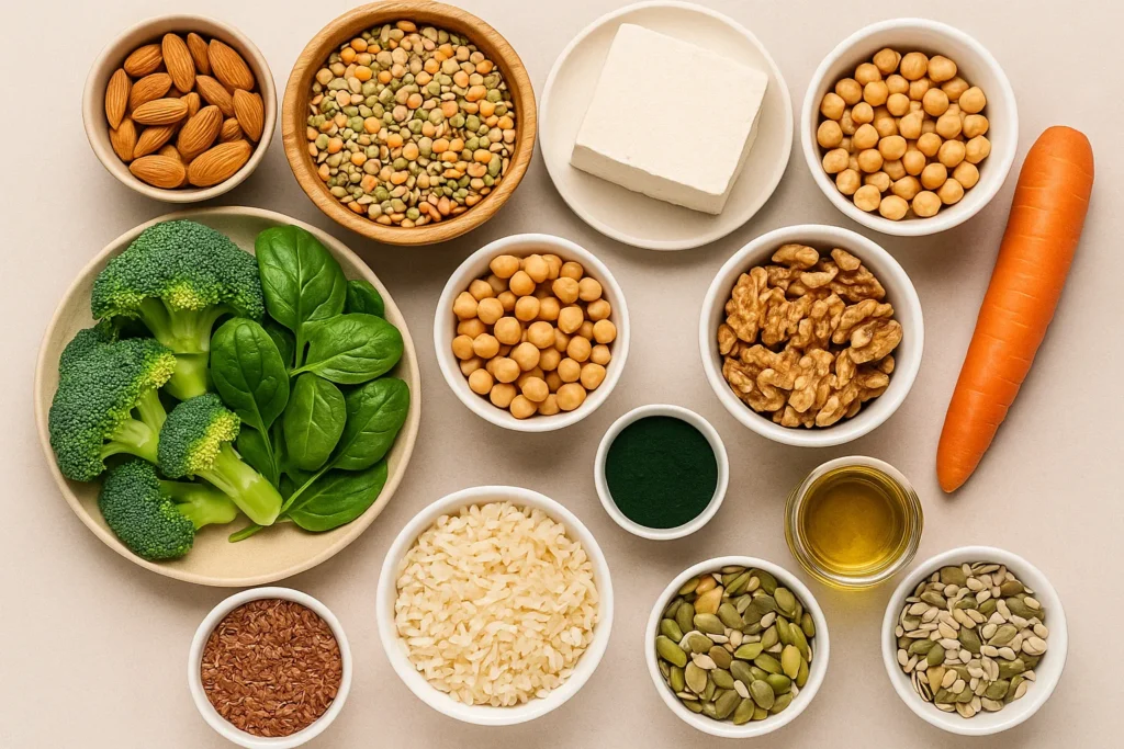 Alimenti base dell’alimentazione vegana: frutta, verdura, legumi, cereali, frutta secca, tofu, spezie e condimenti su sfondo chiaro