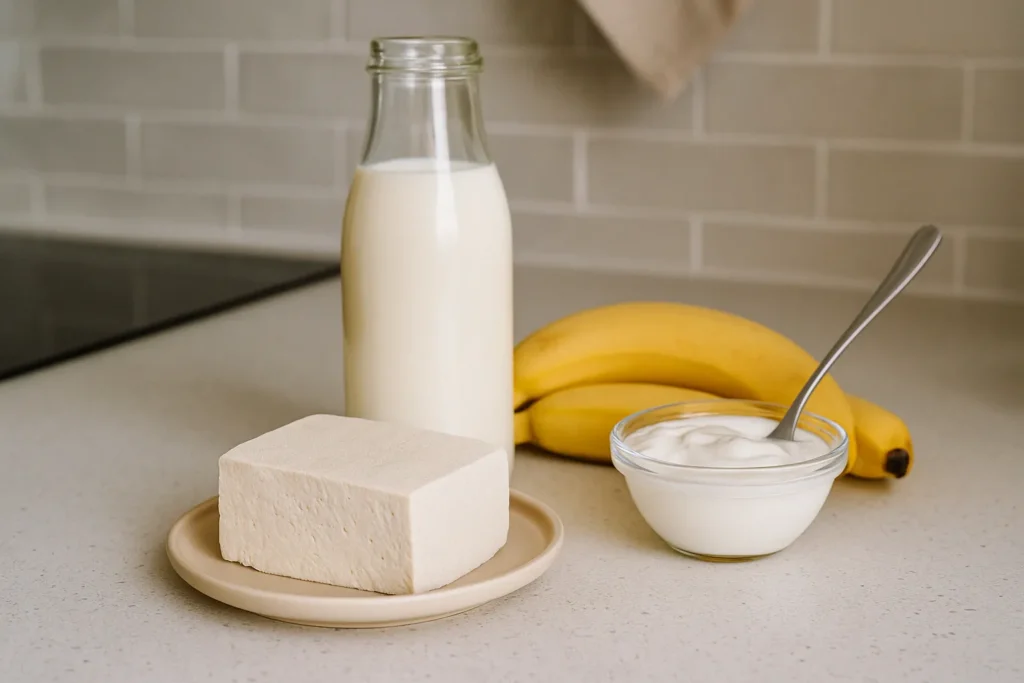 Ingredienti base per sostituire i cibi di origine animale: tofu, yogurt vegetale, banana e bevanda di soia su un piano cucina moderno