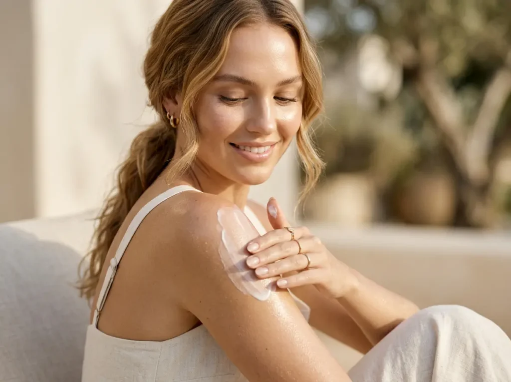 Donna che applica la crema solare vegan sulla spalla al sole