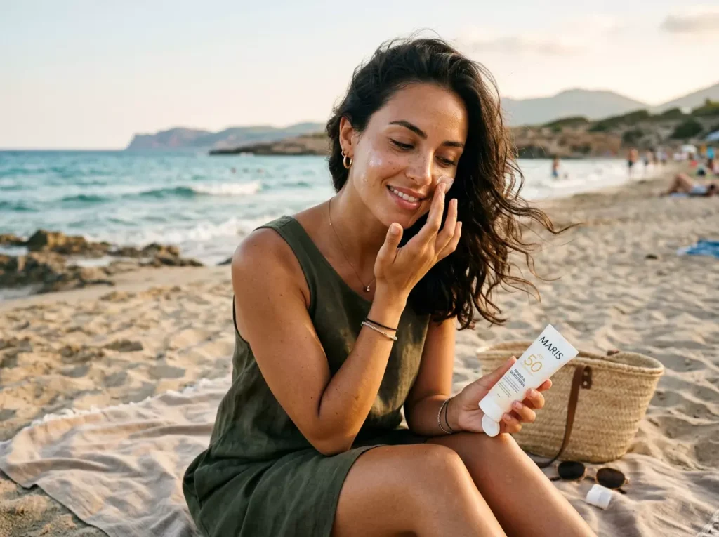 donna che applica crema solare al mare, protezione solare naturale e solari vegan per la pelle
