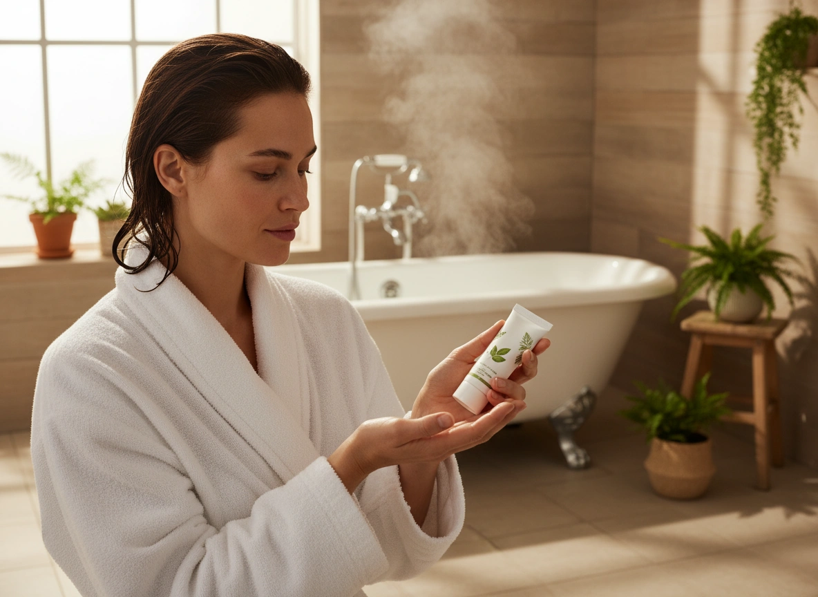 Donna in accappatoio con deodorante vegan in bagno vintage, immagine che rappresenta i deodoranti vegani.
