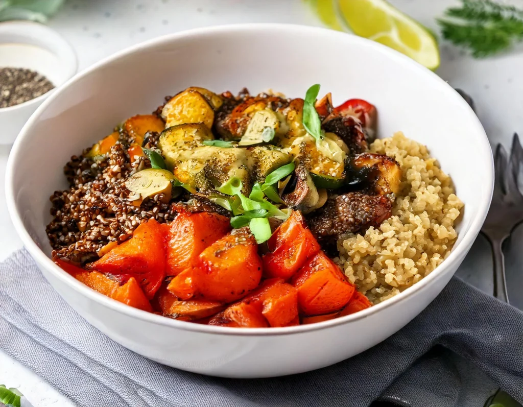 Bowl di quinoa con verdure arrostite e salsa alla tahina, servita in una ciotola bianca, perfetta per ricette vegane facili e veloci.