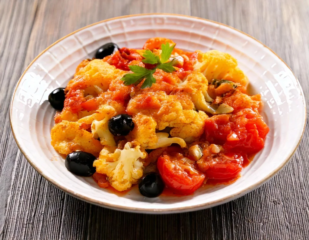 ricette vegane con cavolfiore: Cavolfiore con pomodoro e olive nere