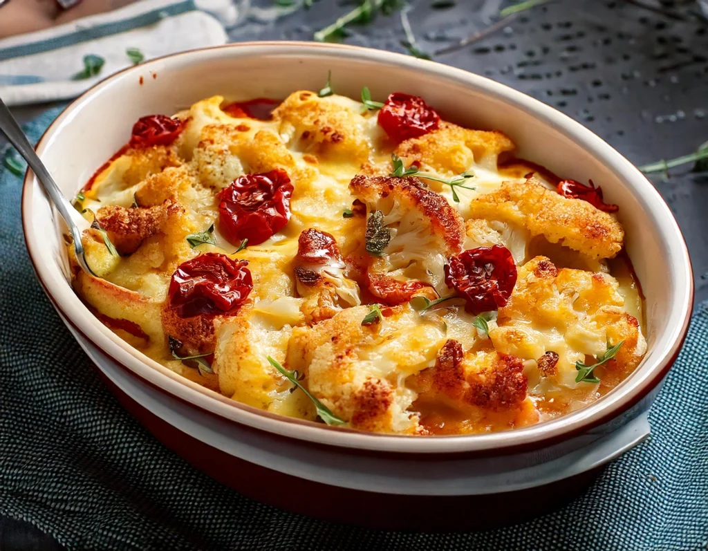 ricette vegane con cavolfiore: Cavolfiore gratinato con pomodori secchi e besciamella 