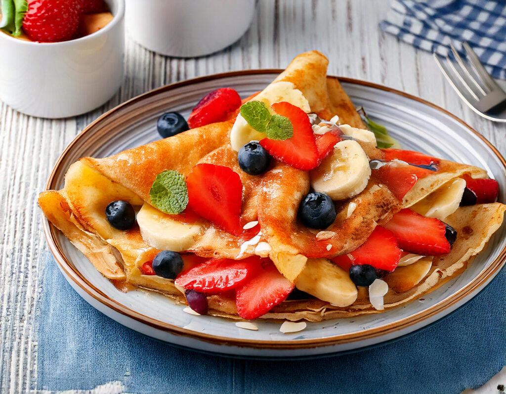 Colazioni vegane per bambini: crepes vegane con frutta e crema di mandorle