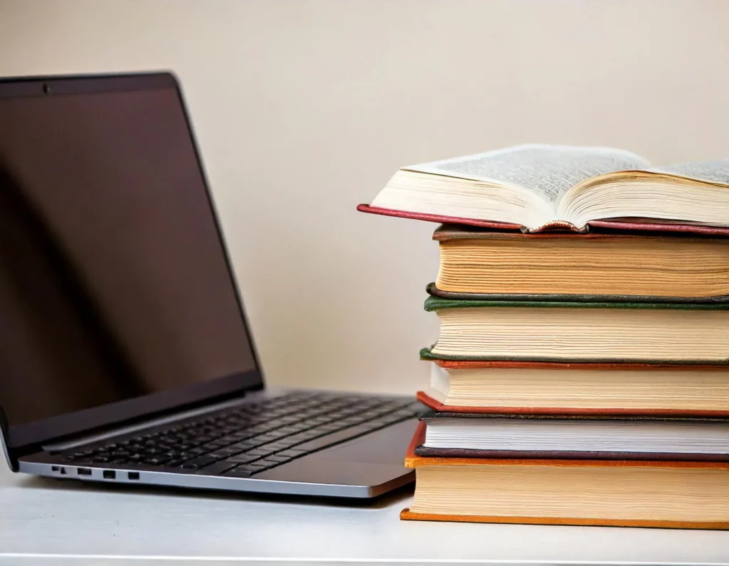 Libri sul veganismo e laptop per approfondire i benefici per la salute, gli animali e l'ambiente dopo Veganuary.