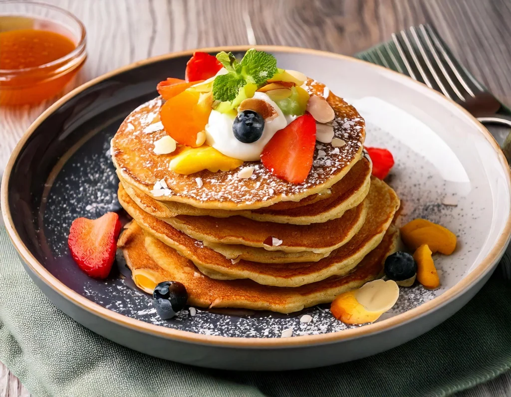 Colazioni vegane per bambini: Pancake vegani con frutta e crema di mandorle