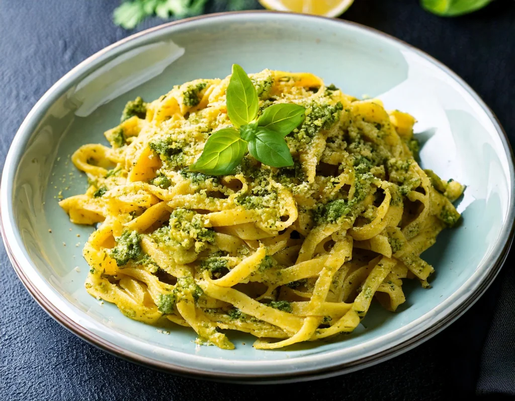 Pasta cremosa al pesto vegano servita in una ciotola bianca, perfetta tra le ricette vegane facili e veloci.