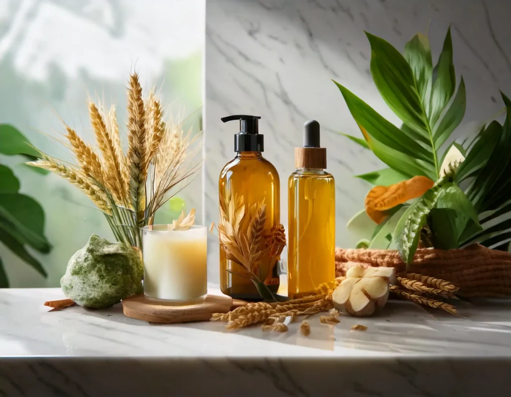 Prodotti cosmetici cruelty-free e vegani, come creme e shampoo, per una routine di bellezza etica.