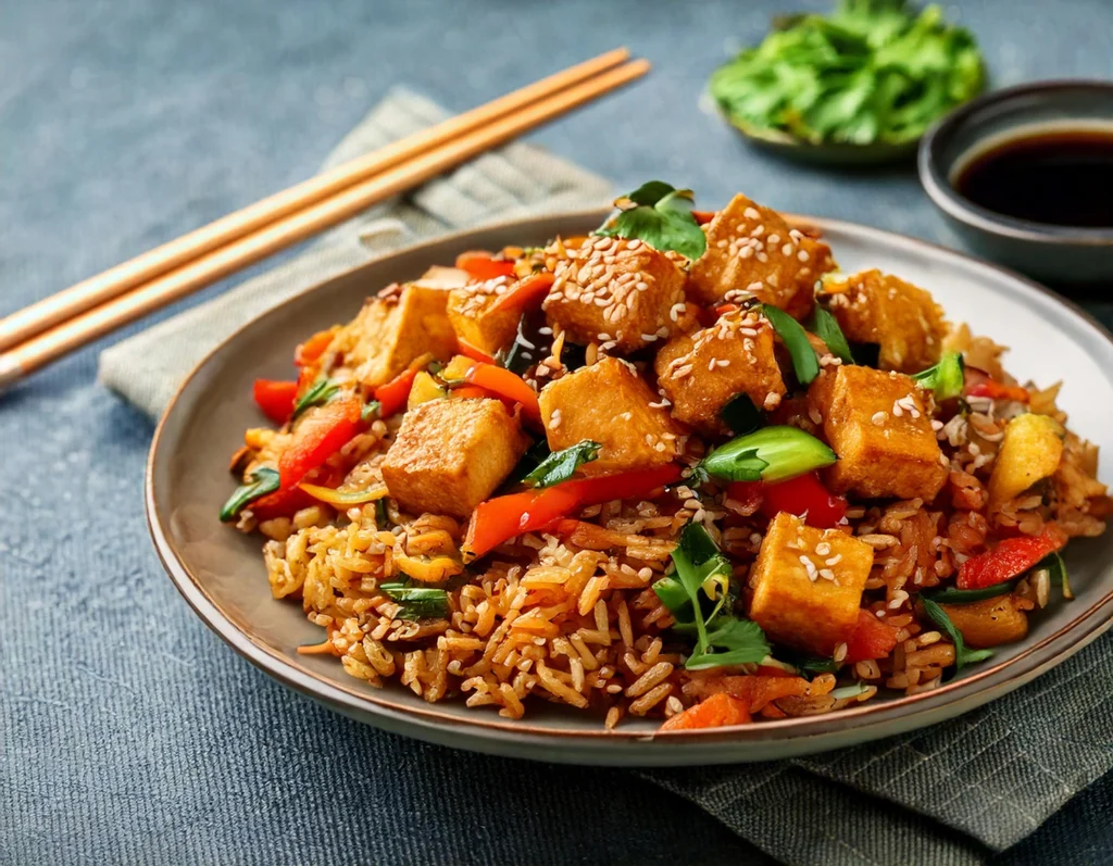 Tofu saltato con riso integrale e verdure croccanti, condito con salsa di soia e semi di sesamo, perfetto per ricette vegane facili e veloci.