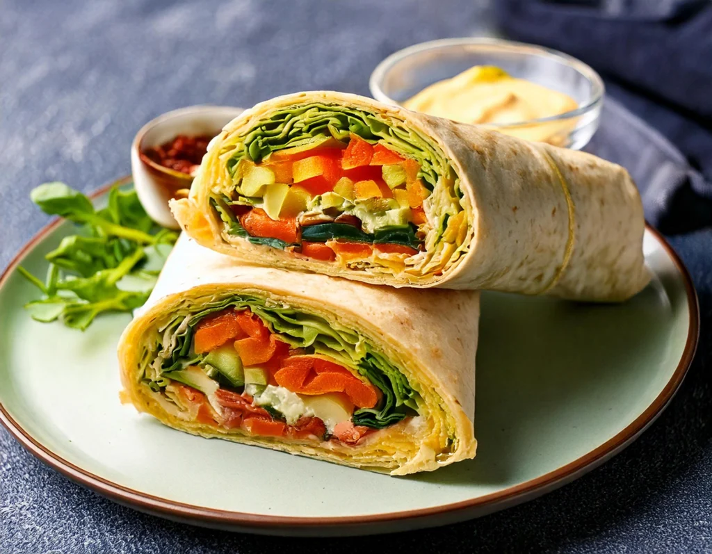 Wrap vegano con hummus e verdure croccanti, arrotolato e servito su un piatto, perfetto per ricette vegane facili e veloci.
