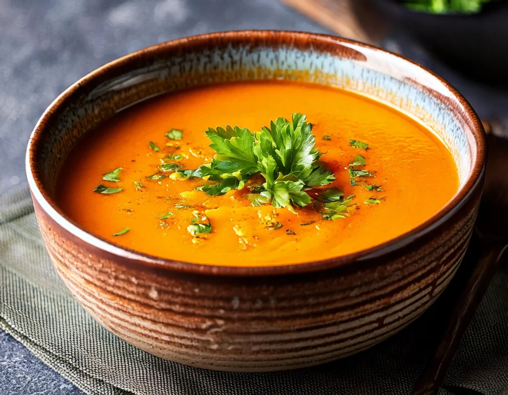 Zuppa di lenticchie rosse e verdure servita in una ciotola rustica, decorata con prezzemolo fresco, ideale per ricette vegane facili e veloci.