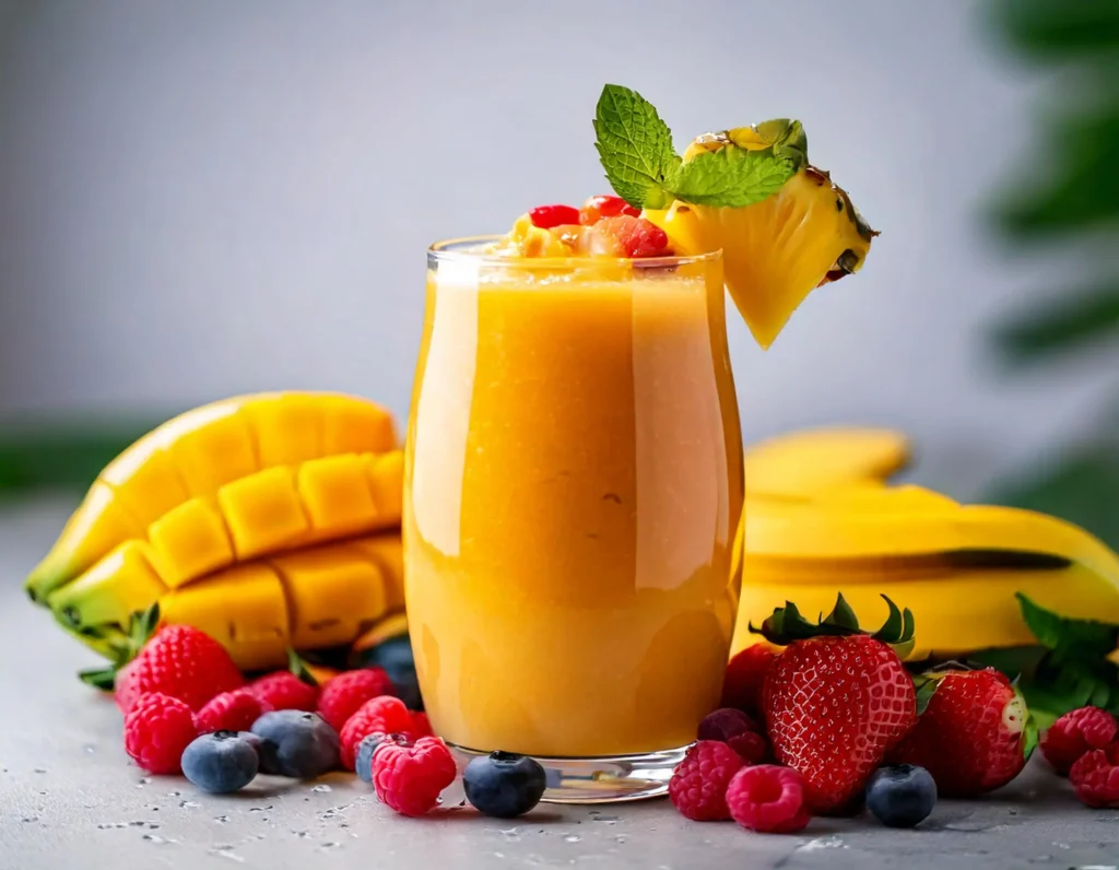 Frullato energia e bellezza con frutta fresca e superfood, perfetto per una colazione vegana veloce.