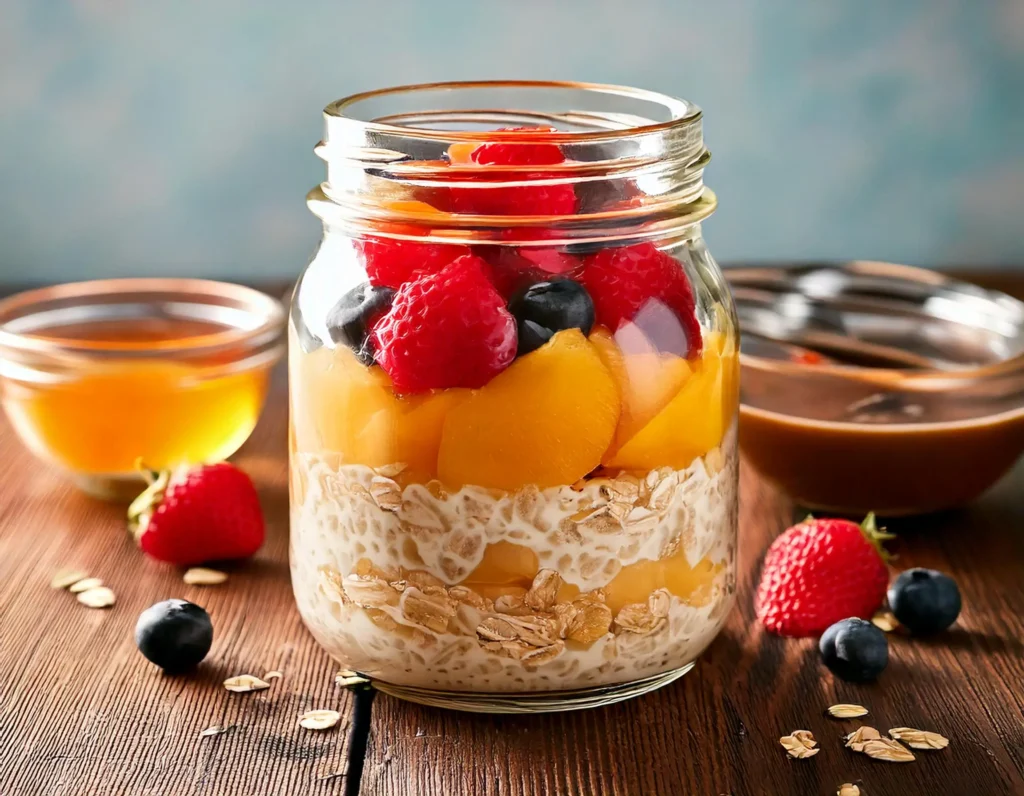 Overnight oats con avena, frutta fresca e sciroppo d'acero, una colazione vegana facile e nutriente.