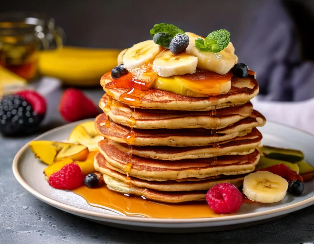 Pancakes vegani alla banana con frutta fresca, una colazione vegana sana e veloce.