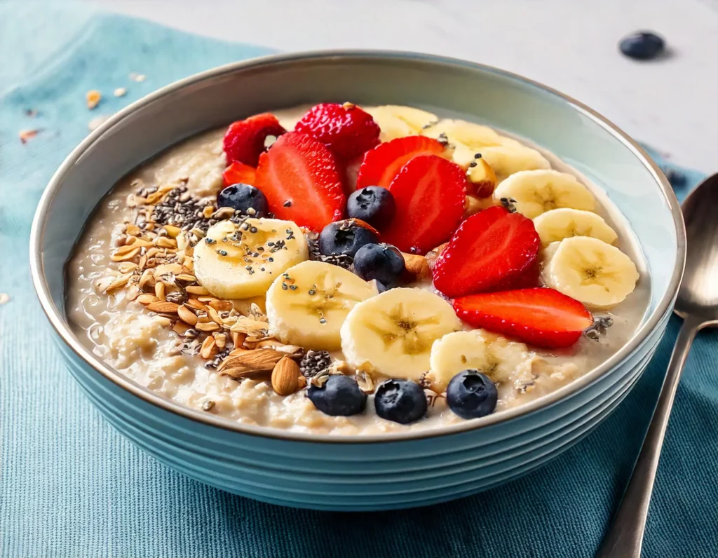 Porridge di avena con frutta fresca e semi, colazione vegana veloce e nutriente.