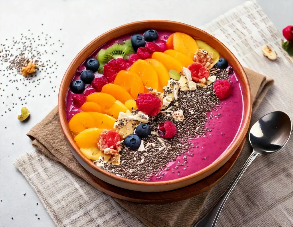 Smoothie bowl con frutta, granola e semi, una colazione vegana veloce e ricca di nutrienti."
